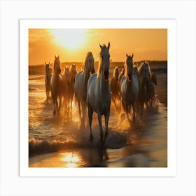 Herd Of Horses At Sunset,herd of white horses running in water Art Print