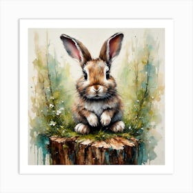 Rabbit Sitting On A Tree Stump Art Print