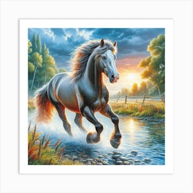 Horse Running In The Water Art Print