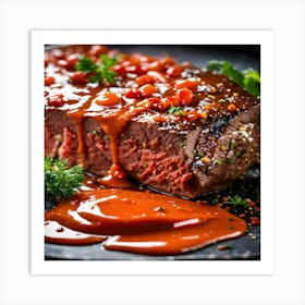 Steak With Sauce On A Black Plate Art Print