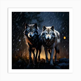 Two Wolves In The Rain Art Print