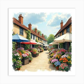 A Vibrant Flower Market In A Charming English Town, Watercolor Style 1 Art Print