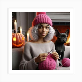 Girl Knitting With A Dog Art Print