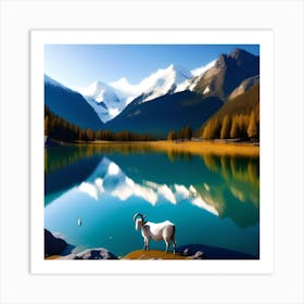 Majestic Peaks and Playful Goats: A Breathtaking Lake Scene Art Print