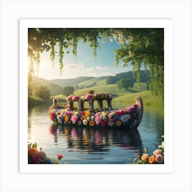 Floral Serenity Boat Of Blossoms On A Tranquil River Art Print