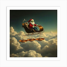 Green Alien Santa Claus In The Clouds with UFO Pulled Sleigh Art Print