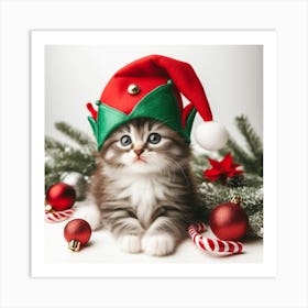 Christmas Kitten In Santa Hat 2 Art Print