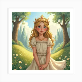 Watercolor Portrait Of Young Queen In A Serene, Fairy Tale Landscape Art Print