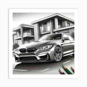 A Pencil Drawing Of A BMW M3 In Front Of A Beautiful Modern Mansion 2 Art Print