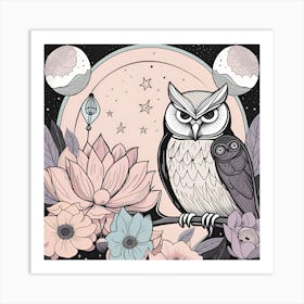 Owl And Flowers Art Print