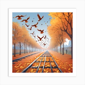 Autumn Train Tracks With Birds Art Print