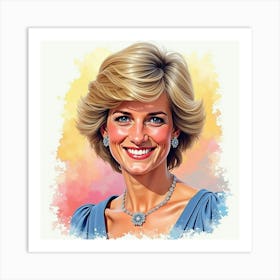 Smiling Princess Diana, Colorful Abstract Watercolor Backdrop 1 Art Print