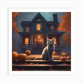 Cat In Front Of House 2 Art Print