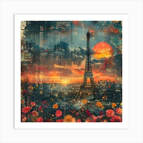 Paris At Sunset with flowers, collage Art Print