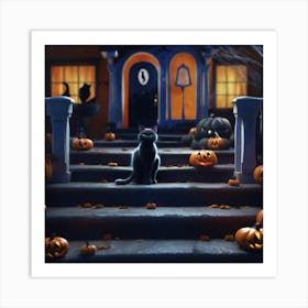 Black Cat In Front Of Halloween House Art Print