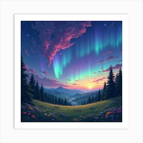 Celestial Watercolor Aurora Over Enchanted Meadows 1 Art Print