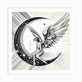 Angel on Moon - Abstract Line Art Illustration 244 Art Print