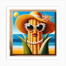Corn with Pearl Earrings and Sunglasses: A Realistic and Pop Art Painting Art Print