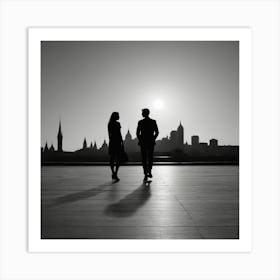 Silhouette Of Couple Walking In The City Art Print