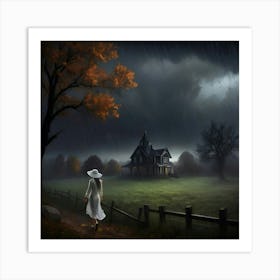 Girl Walks By A House Art Print