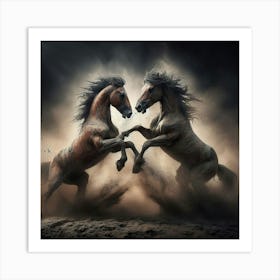 Two Horses Fighting In The Dust Art Print