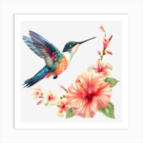 Hummingbird With Flowers Art Print