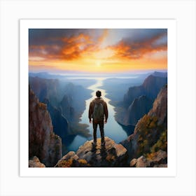 Watercolor Man Standing On A Cliff Looking Down Studio Photography Complex Details High Detail Art Print