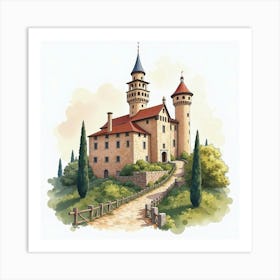 Artistic Watercolor Of An Italian Medieval Castle With Historical Charm 1 Art Print