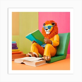 Retro Lion Reading A Book Art Print