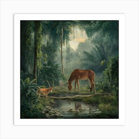 Horse And Deer In The Jungle Art Print