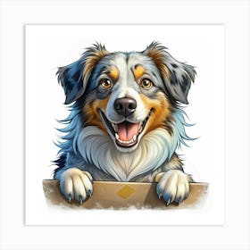 Happy Australian Shepherd Looking Over A Wooden Plank Art Print