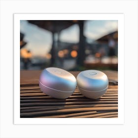 Two Earphones On A Table Art Print