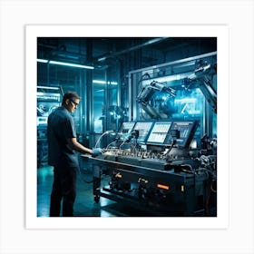 Cyber Industrial Interface Showcasing A Factory Manager Overseeing A High Tech Manufacturing Floor Art Print