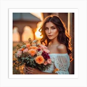Sensual Brunette Woman Posing With Flower Bouquet After Romantic Date, Sunset Colors, Art Print