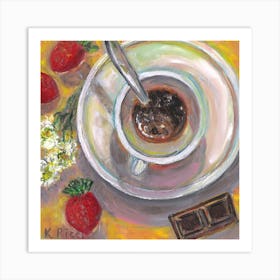 Still Life With Coffee Cup Strawberries Chocolate Daisies Food Art Print