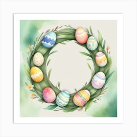 Easter Wreath With Dyed Eggs In A Watercolor Painting Style, On A Green Background With Loose Watercolor Stains Art Print