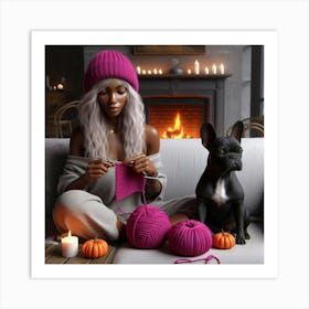 Black Woman Knitting Art Print