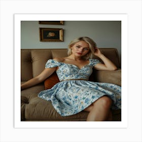 woman in Blue Floral Dress Art Print