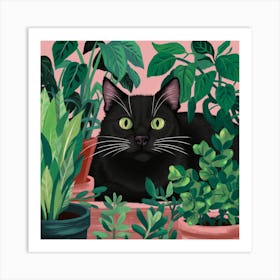 Black Cat In Pots 1 Art Print