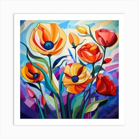 Cubism Colorful Flowers Art Print