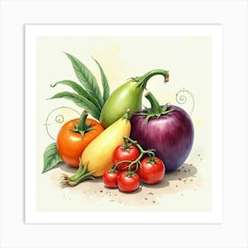 Sophisticated Watercolor Rendering Of Vegetables And Fruits With An Elegant Backdrop 1 Art Print