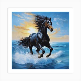 Black Horse Running In The Ocean Art Print