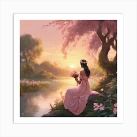 Sunset Serenity Woman By The River In A Pink Dress (6) Art Print