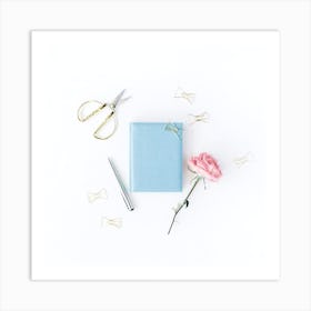 Blue Notebook And Pink Rose Art Print