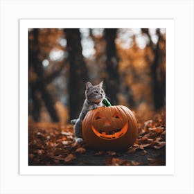 Jack-o-lantern and cat Art Print