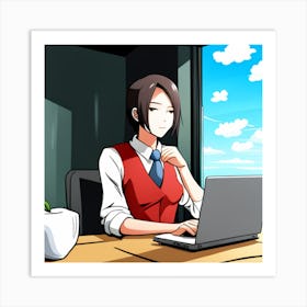 Anime Office Girl In From Of Her Laptop Art Print