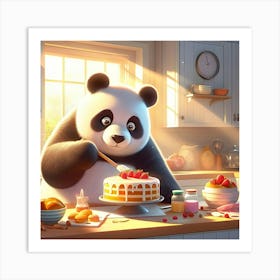 A Panda Bear Baking A Cake In A Sunny Kitchen, Digital Art Art Print