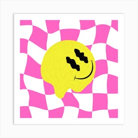 Checkerboard Acid House Melting Smiley, 90's Rave Art Print