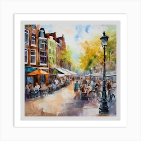 Amsterdam Street Scene.Amsterdam city.summer. Cafes. Passersby, sidewalks. Oil colors. Art Print