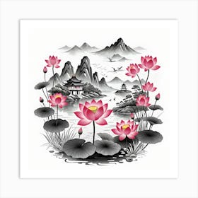 Chinese Landscape With Lotus Flowers, Pink, Black and White Art Print